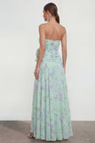 Strapless Blue A-Line 3D Flower Ruffled Floral Dress with Slit