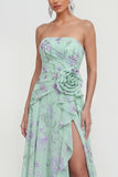 Strapless Blue A-Line 3D Flower Ruffled Floral Dress with Slit