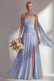 Yellow Floral Printed Ruched Strapless Chiffon Long Bridesmaid Dress with Slit