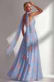 Yellow Floral Printed Ruched Strapless Chiffon Long Bridesmaid Dress with Slit