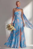 Yellow Floral Printed Ruched Strapless Chiffon Long Bridesmaid Dress with Slit