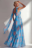 Yellow Floral Printed Ruched Strapless Chiffon Long Bridesmaid Dress with Slit