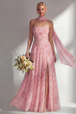 Yellow Floral Printed Ruched Strapless Chiffon Long Bridesmaid Dress with Slit