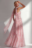 Yellow Floral Printed Ruched Strapless Chiffon Long Bridesmaid Dress with Slit