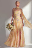Yellow Floral Printed Ruched Strapless Chiffon Long Bridesmaid Dress with Slit