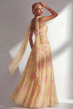Yellow Floral Printed Ruched Strapless Chiffon Long Bridesmaid Dress with Slit