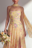 Yellow Floral Printed Ruched Strapless Chiffon Long Bridesmaid Dress with Slit