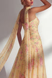 Yellow Floral Printed Ruched Strapless Chiffon Long Bridesmaid Dress with Slit