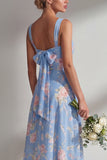 Blue Pink Flower One Shoulder Chiffon Ruched Printed Long Bridesmaid Dress with Slit