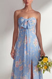 Blue Pink Flower One Shoulder Chiffon Ruched Printed Long Bridesmaid Dress with Slit