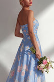 Blue Pink Flower One Shoulder Chiffon Ruched Printed Long Bridesmaid Dress with Slit