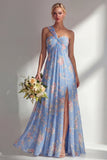 Blue Pink Flower One Shoulder Chiffon Ruched Printed Long Bridesmaid Dress with Slit