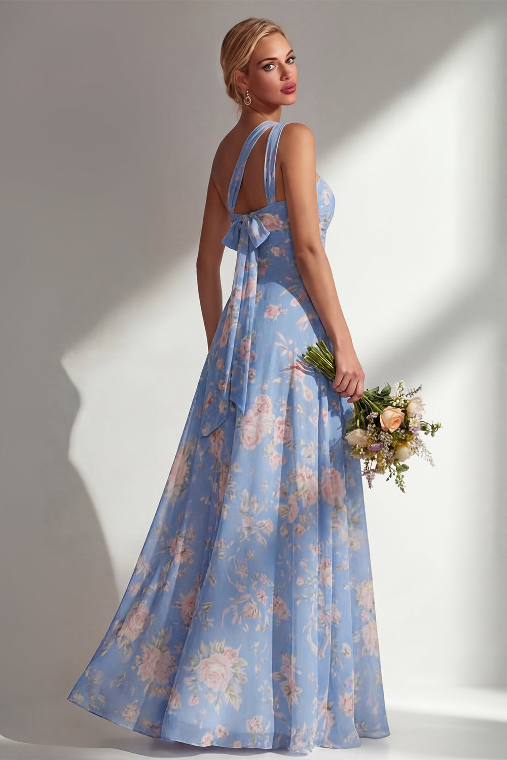 ZAPAKA Women Chiffon Blue Pink Flower Bridesmaid Dress with Slit One Shoulder Ruched Printed Long Wedding Guest Dress with Bow – ZAPAKA UK