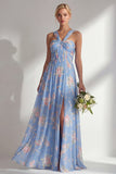 Blue Pink Flower One Shoulder Chiffon Ruched Printed Long Bridesmaid Dress with Slit