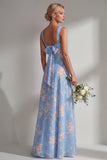 Blue Pink Flower One Shoulder Chiffon Ruched Printed Long Bridesmaid Dress with Slit