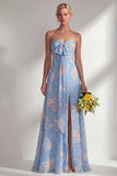 Blue Pink Flower One Shoulder Chiffon Ruched Printed Long Bridesmaid Dress with Slit