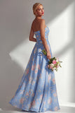 Blue Pink Flower One Shoulder Chiffon Ruched Printed Long Bridesmaid Dress with Slit