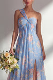 Blue Pink Flower One Shoulder Chiffon Ruched Printed Long Bridesmaid Dress with Slit