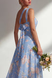 Blue Pink Flower One Shoulder Chiffon Ruched Printed Long Bridesmaid Dress with Slit