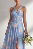 Blue Pink Flower One Shoulder Chiffon Ruched Printed Long Bridesmaid Dress with Slit