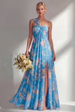 Blue Pink Flower One Shoulder Chiffon Ruched Printed Long Bridesmaid Dress with Slit
