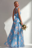 Blue Pink Flower One Shoulder Chiffon Ruched Printed Long Bridesmaid Dress with Slit