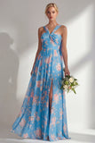 Blue Pink Flower One Shoulder Chiffon Ruched Printed Long Bridesmaid Dress with Slit