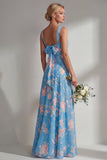 Blue Pink Flower One Shoulder Chiffon Ruched Printed Long Bridesmaid Dress with Slit