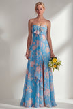 Blue Pink Flower One Shoulder Chiffon Ruched Printed Long Bridesmaid Dress with Slit
