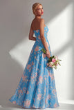 Blue Pink Flower One Shoulder Chiffon Ruched Printed Long Bridesmaid Dress with Slit