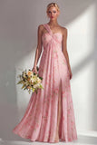 Blue Pink Flower One Shoulder Chiffon Ruched Printed Long Bridesmaid Dress with Slit