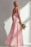 Blue Pink Flower One Shoulder Chiffon Ruched Printed Long Bridesmaid Dress with Slit
