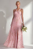 Blue Pink Flower One Shoulder Chiffon Ruched Printed Long Bridesmaid Dress with Slit