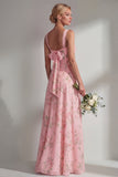 Blue Pink Flower One Shoulder Chiffon Ruched Printed Long Bridesmaid Dress with Slit