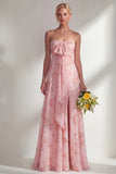 Blue Pink Flower One Shoulder Chiffon Ruched Printed Long Bridesmaid Dress with Slit