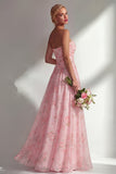 Blue Pink Flower One Shoulder Chiffon Ruched Printed Long Bridesmaid Dress with Slit