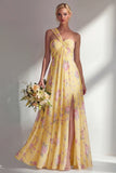 Blue Pink Flower One Shoulder Chiffon Ruched Printed Long Bridesmaid Dress with Slit