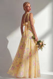 Blue Pink Flower One Shoulder Chiffon Ruched Printed Long Bridesmaid Dress with Slit