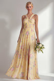 Blue Pink Flower One Shoulder Chiffon Ruched Printed Long Bridesmaid Dress with Slit