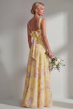 Blue Pink Flower One Shoulder Chiffon Ruched Printed Long Bridesmaid Dress with Slit