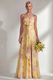 Blue Pink Flower One Shoulder Chiffon Ruched Printed Long Bridesmaid Dress with Slit