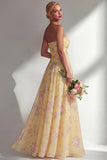 Blue Pink Flower One Shoulder Chiffon Ruched Printed Long Bridesmaid Dress with Slit