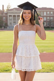White Lace A Line Ruffled Spaghetti Straps Mini Graduation Dress