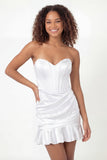 Sweetheart Satin Corset Ruched Little White Dress with Ruffles