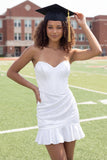 Sweetheart Satin Corset Ruched Little White Dress with Ruffles