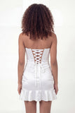 Sweetheart Satin Corset Ruched Little White Dress with Ruffles