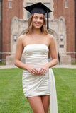 White Strapless Ruched Bodycon Graduation Dress with Sash