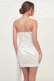 White Strapless Ruched Bodycon Graduation Dress with Sash