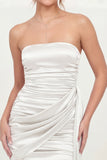 White Strapless Ruched Bodycon Graduation Dress with Sash