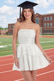 White Strapless A Line Ruffled Short Graduation Dress